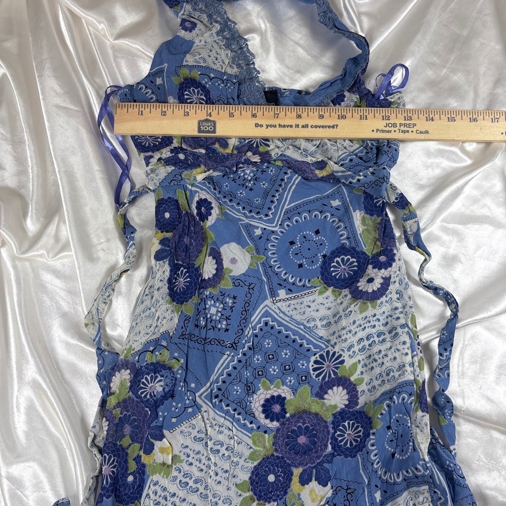 y2k Halter rayon Dress Blue Excellent Patchwork Floral Bandana Lace Trim Angie - Picture 6 of 7